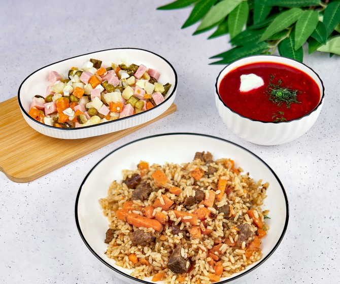 Обед домашний с пловом из говядины